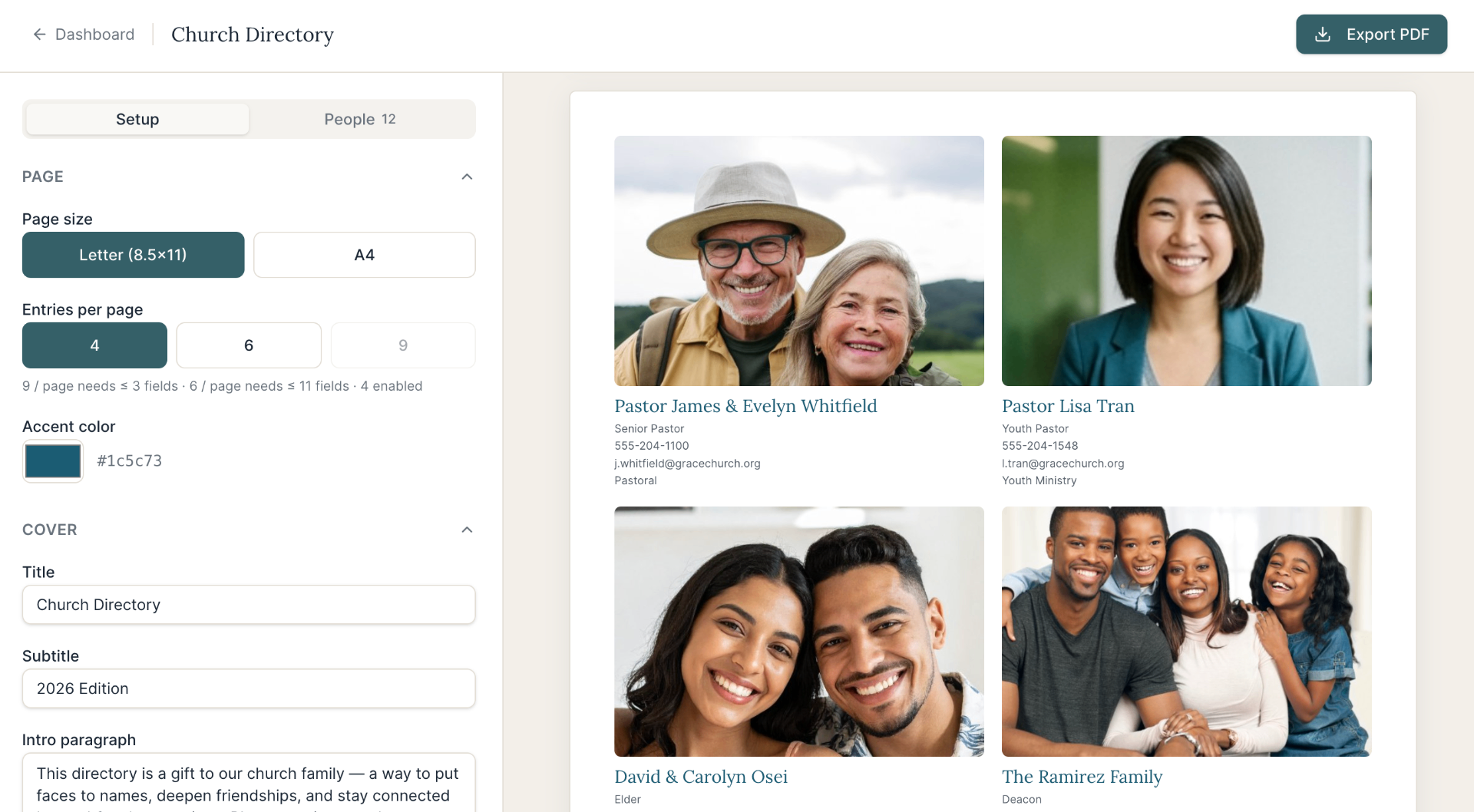 Setup tab showing page size, entries per page, accent color, and cover settings with a live preview.