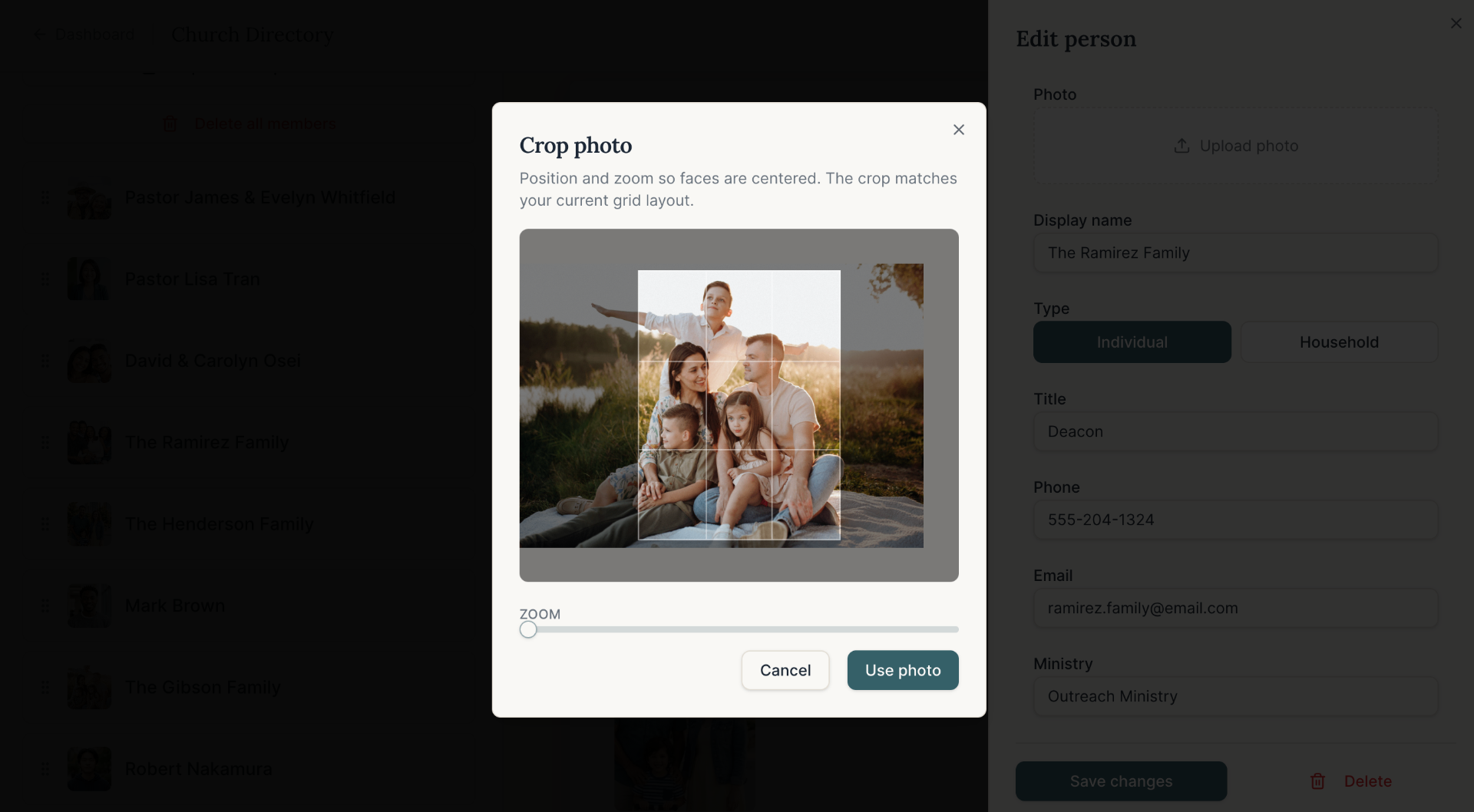 Crop photo dialog with zoom slider, centering a family photo for the directory grid.