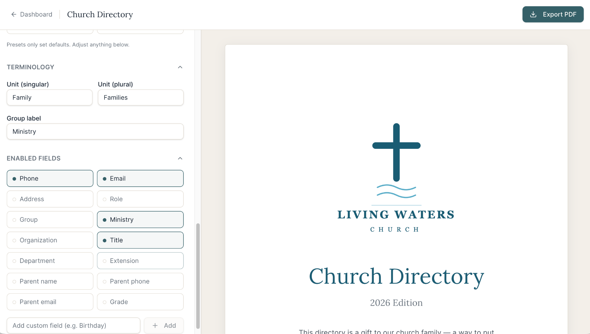 Terminology and enabled fields panel with the Living Waters Church cover page preview.